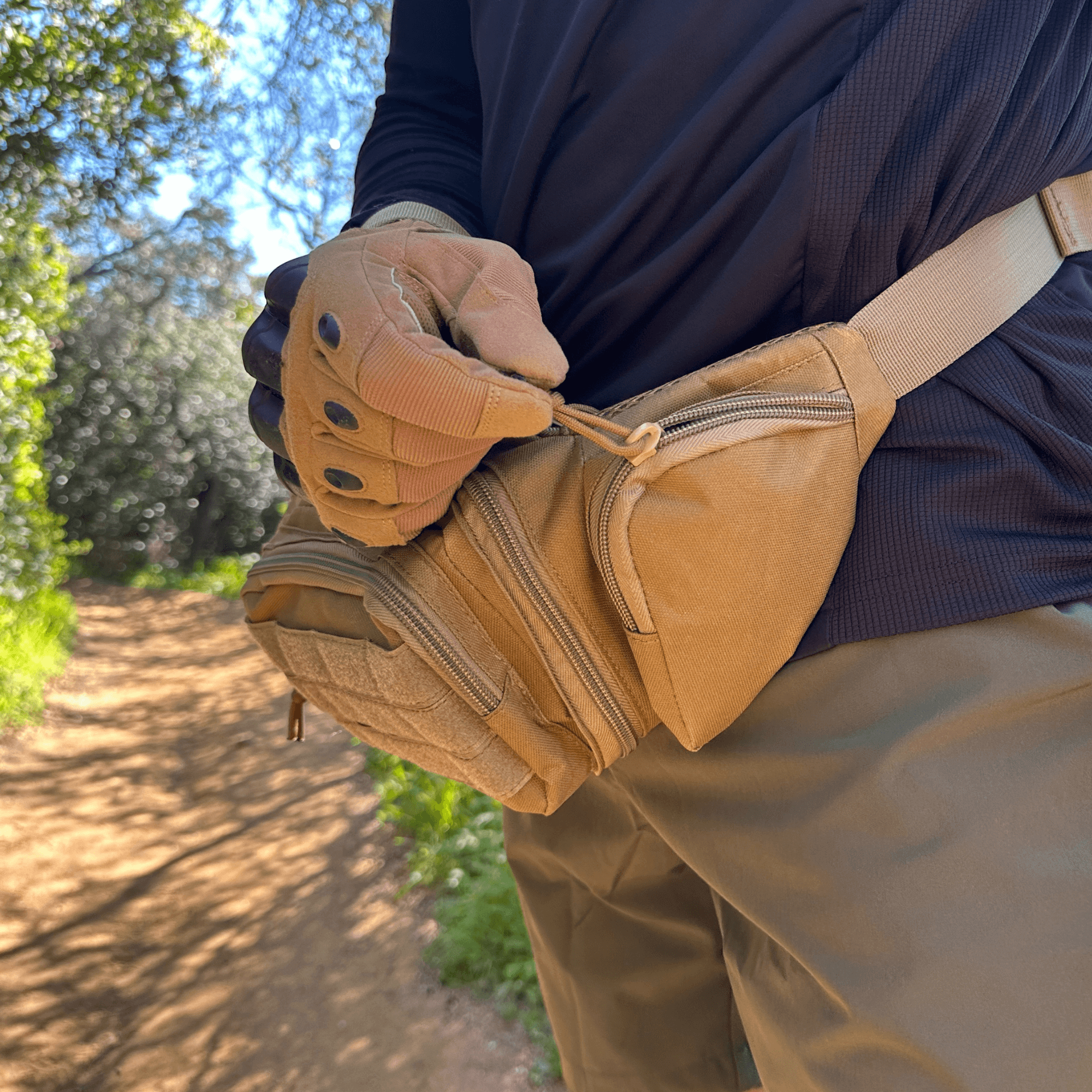 Tactical Waist Bag & MOLLE EDC Pouch in outdoor setting, showcasing multiple compartments and adjustable waist strap.