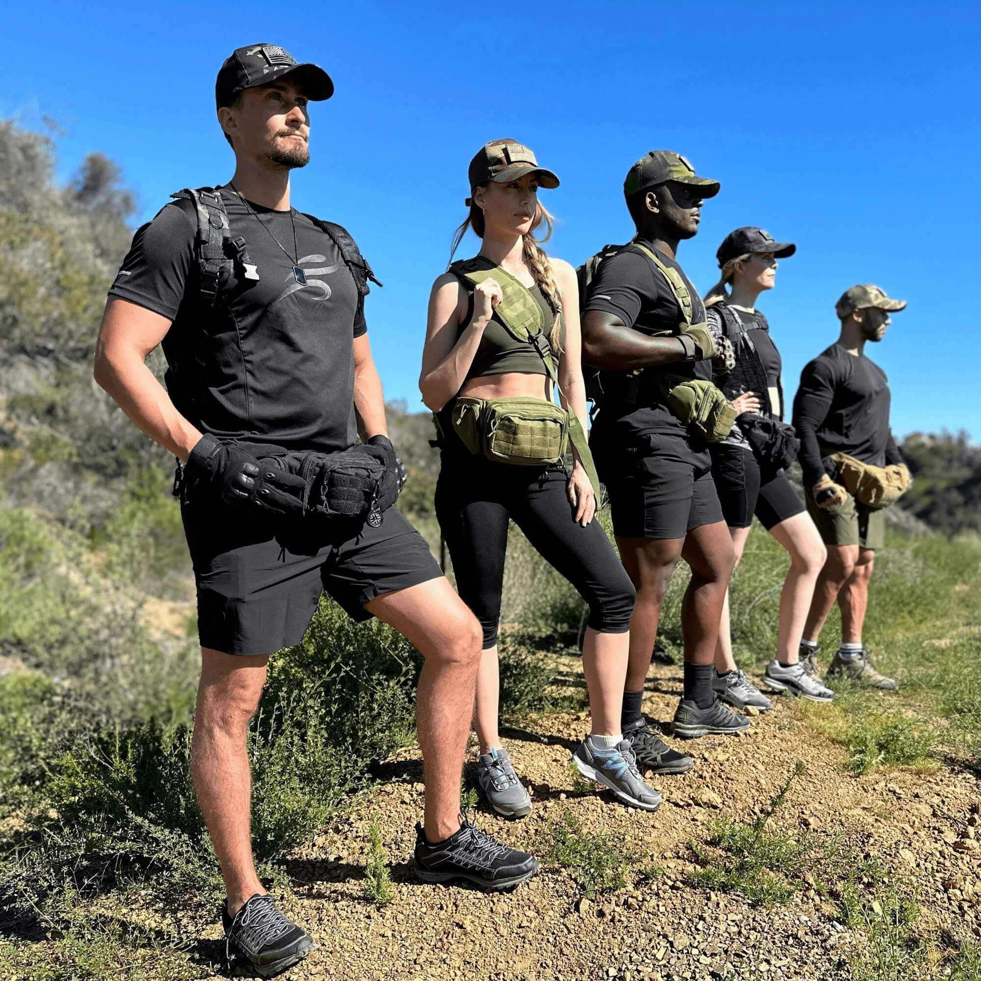 Tactical Waist Bag & MOLLE EDC Pouch in outdoor setting, showcasing multiple compartments and adjustable waist strap.