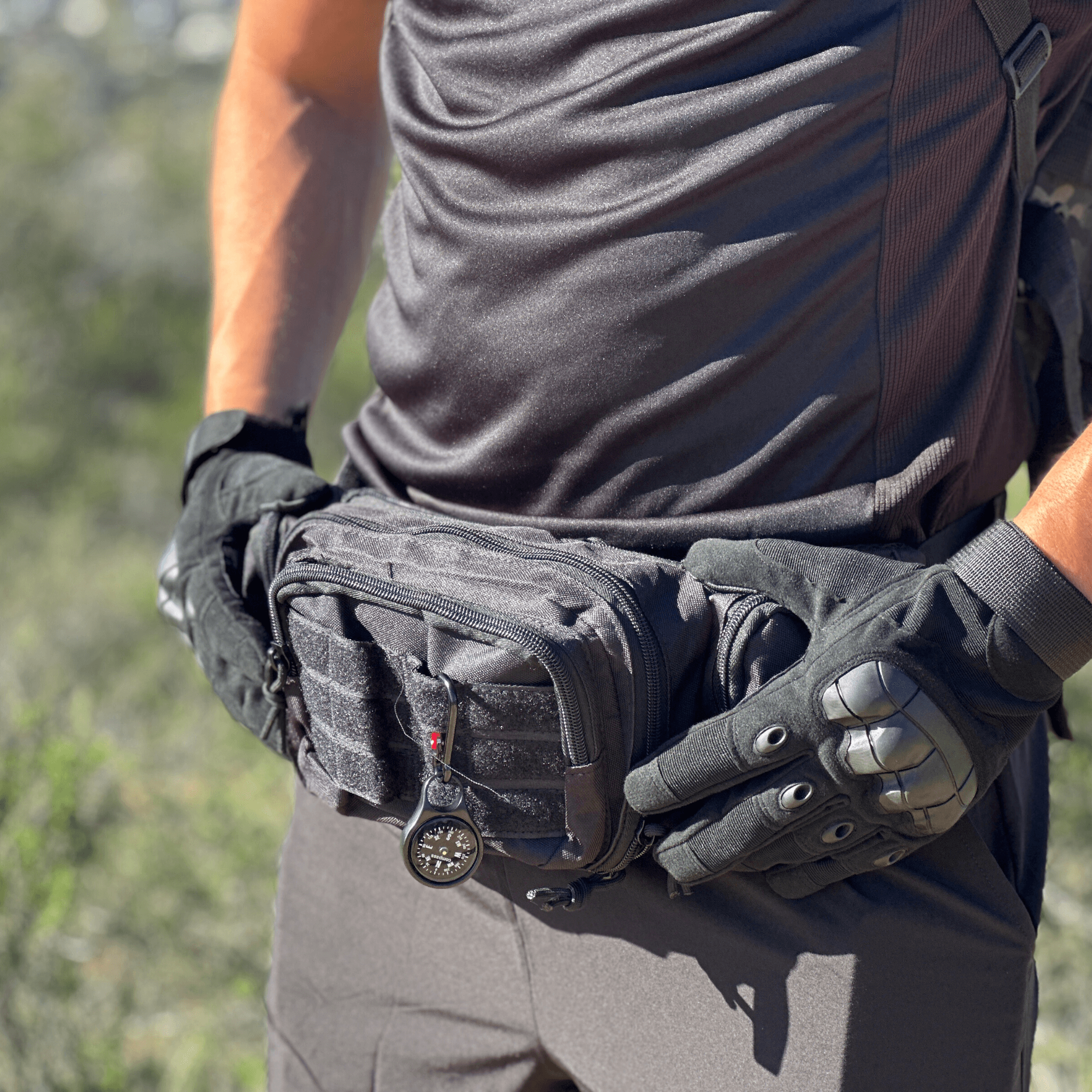 Tactical Waist Bag & MOLLE EDC Pouch in outdoor setting, showcasing multiple compartments and adjustable waist strap.