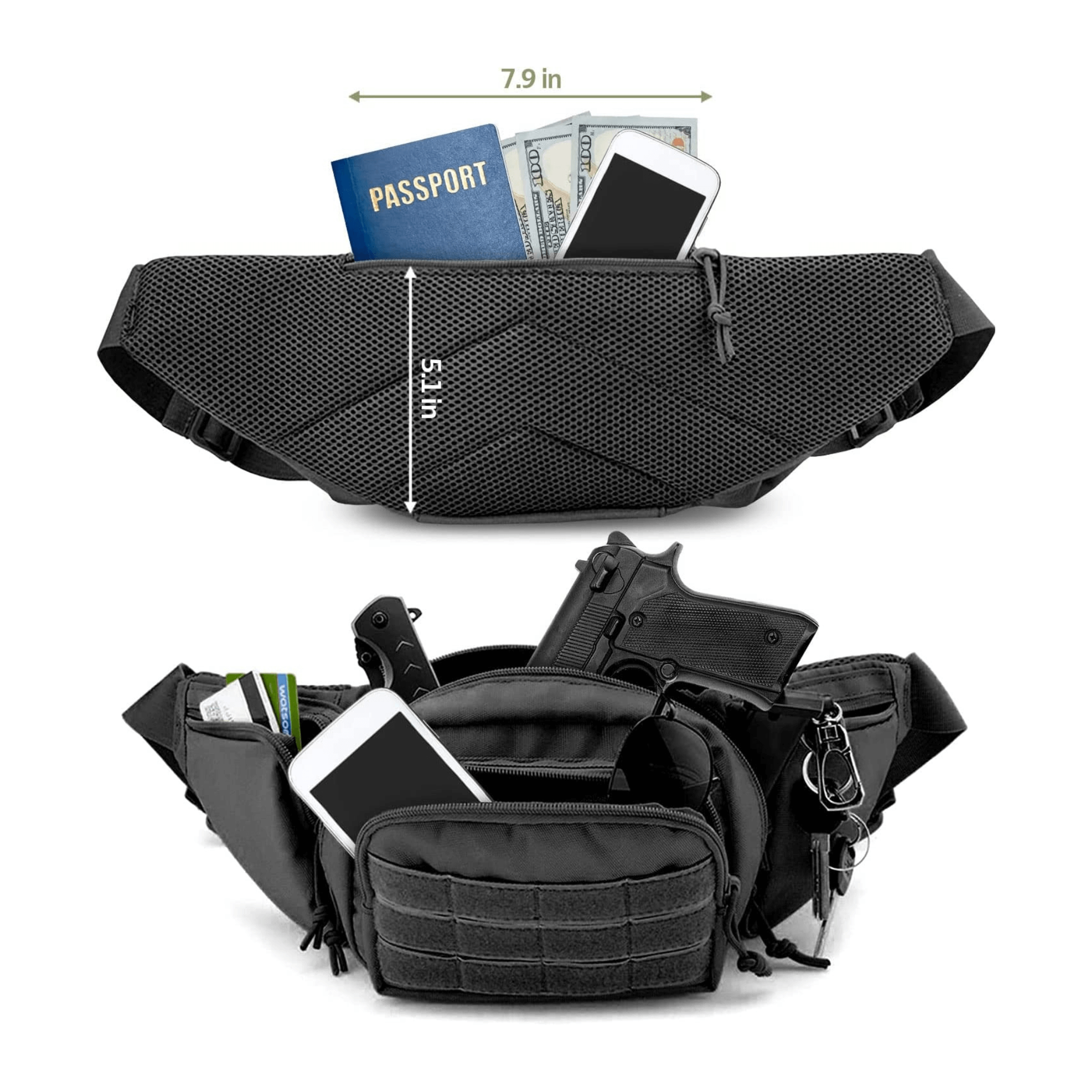 Tactical Waist Bag & MOLLE EDC Pouch in outdoor setting, showcasing multiple compartments and adjustable waist strap.