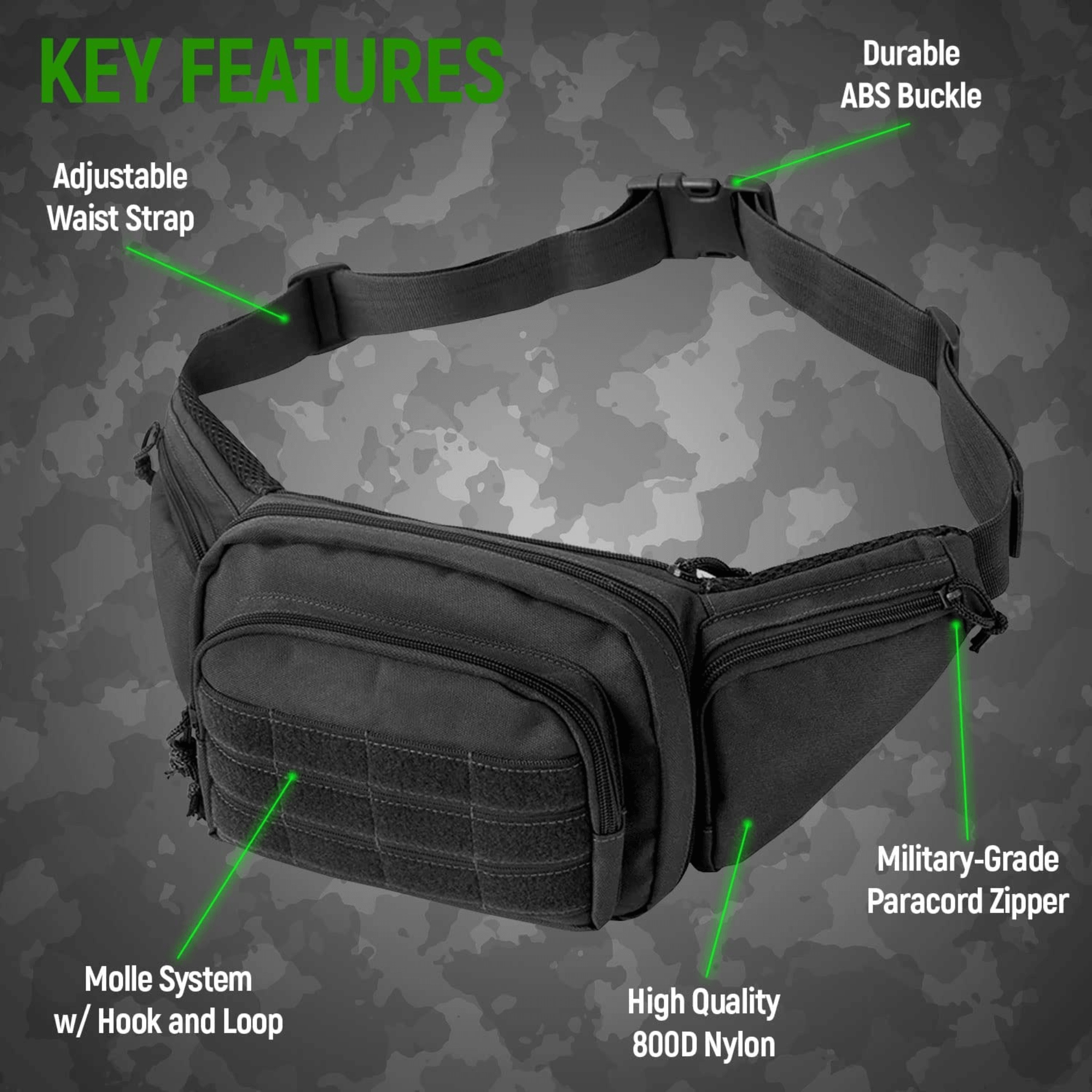 Tactical Waist Bag & MOLLE EDC Pouch in outdoor setting, showcasing multiple compartments and adjustable waist strap.