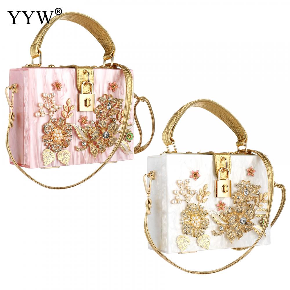 A stylish acrylic handbag for women featuring a flower design, perfect for evening parties and special occasions.