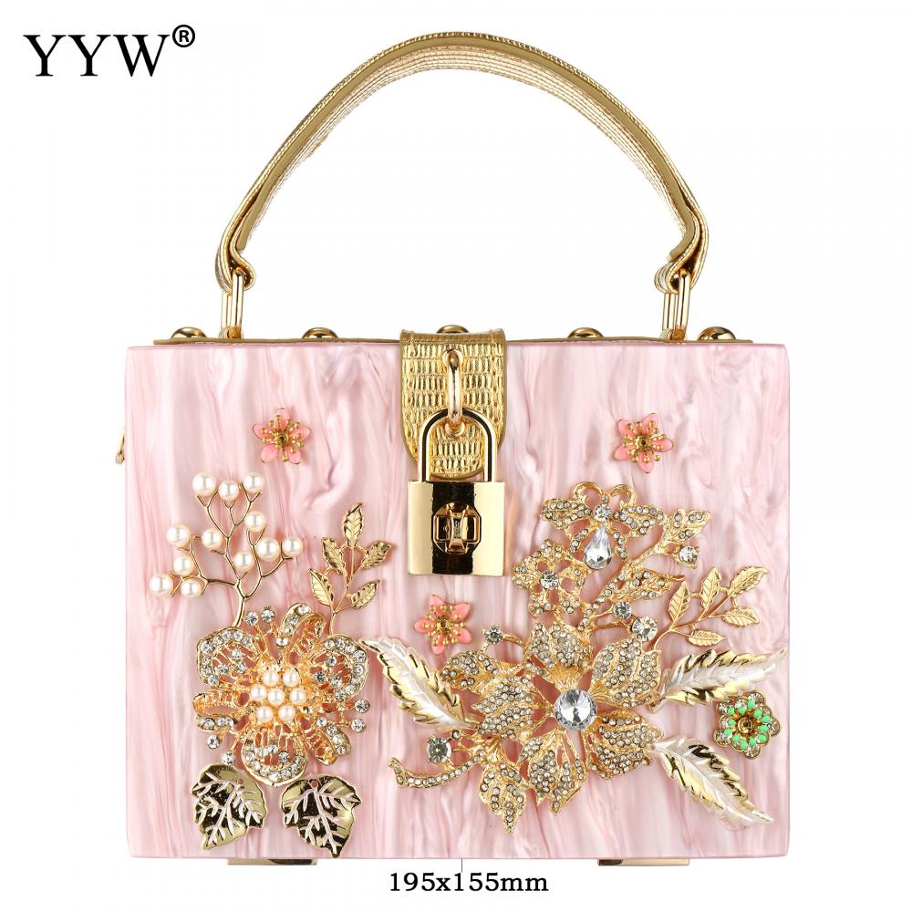 A stylish acrylic handbag for women featuring a flower design, perfect for evening parties and special occasions.