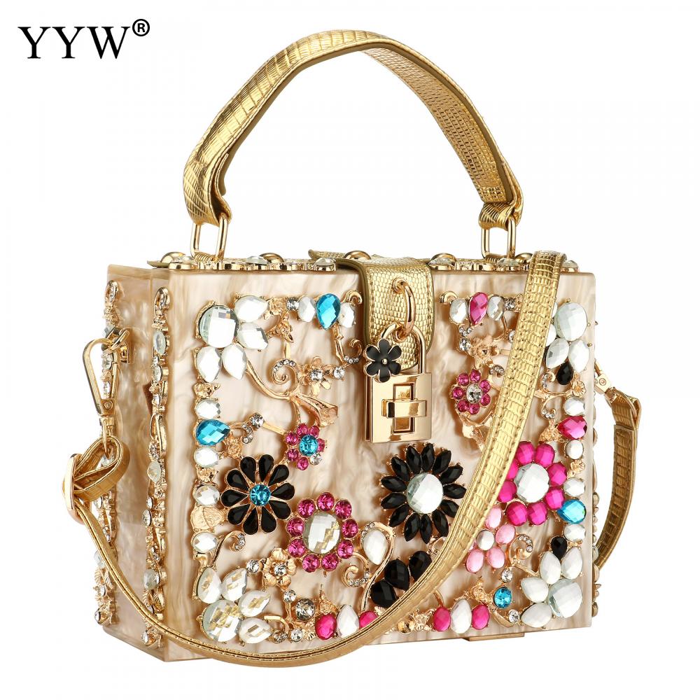 A stylish acrylic handbag for women featuring a flower design, perfect for evening parties and special occasions.