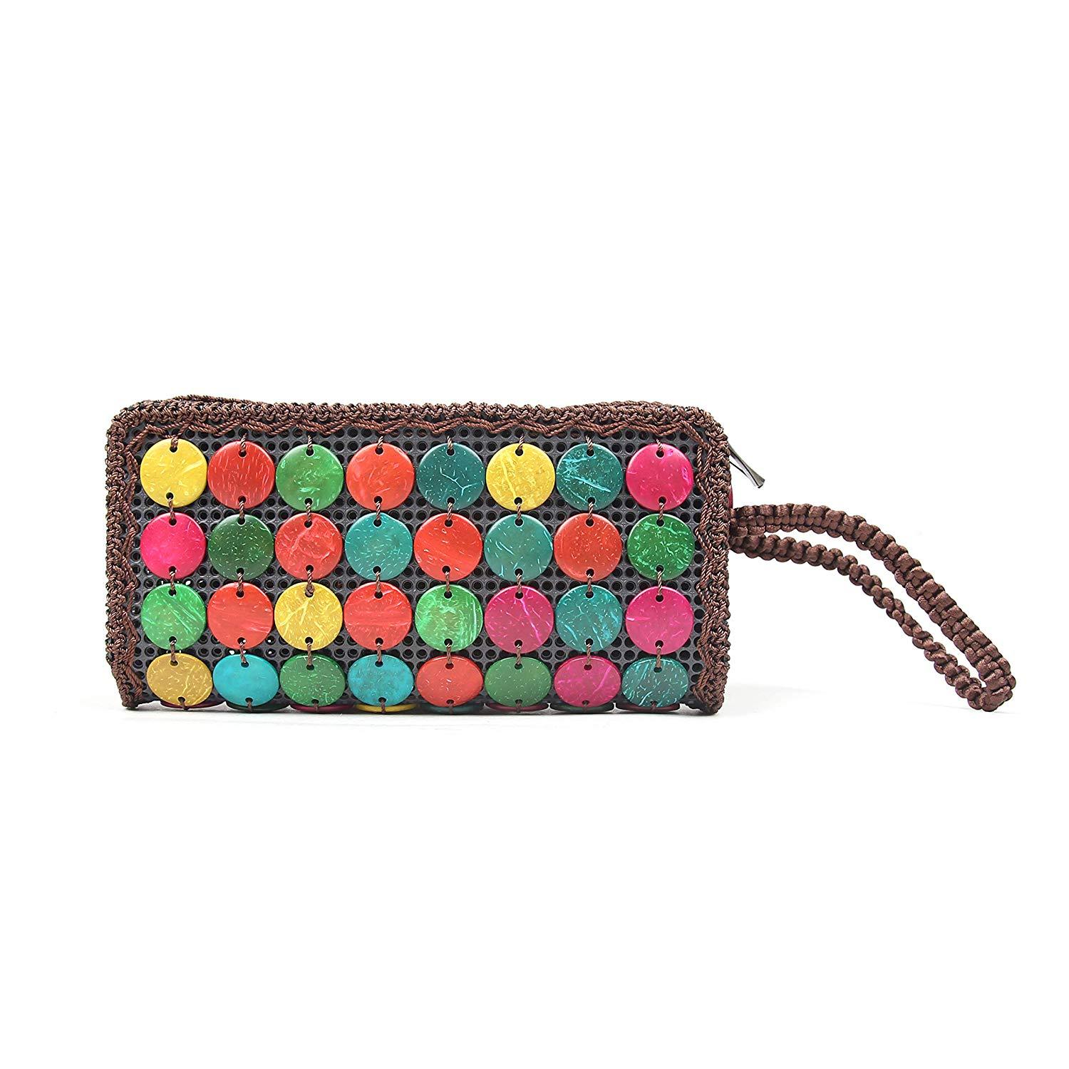 A beautifully crafted African Coconut Shell Beaded Purse featuring natural coconut shells and a silky polyester thread handle, perfect for carrying essentials.