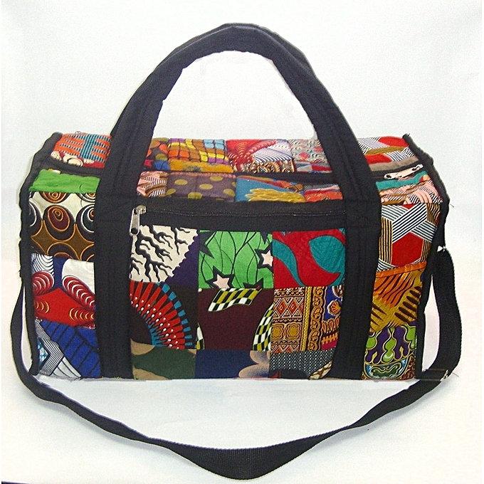 African Kitengi Luggage Travel Bag featuring vibrant patchwork design, zippered pockets, and adjustable shoulder strap, perfect for sports and travel.