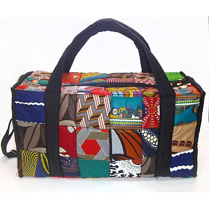 African Kitengi Luggage Travel Bag featuring vibrant patchwork design, zippered pockets, and adjustable shoulder strap, perfect for sports and travel.