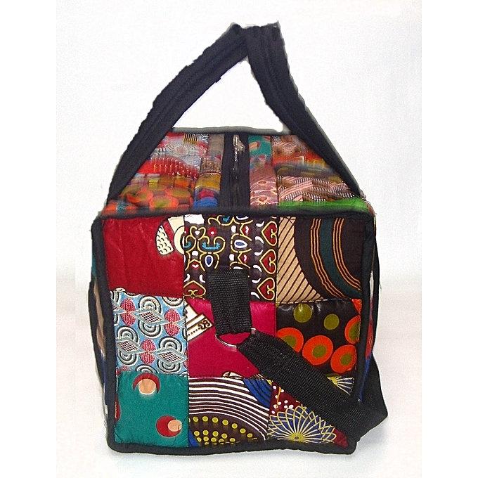 African Kitengi Luggage Travel Bag featuring vibrant patchwork design, zippered pockets, and adjustable shoulder strap, perfect for sports and travel.