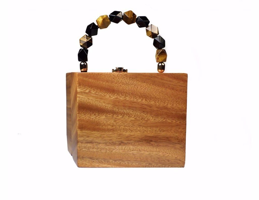 Alpha Natural Handbag featuring a geometric design with a handle made of Tiger Eye and Black Onyx beads, crafted from hand-carved Acacia Wood.