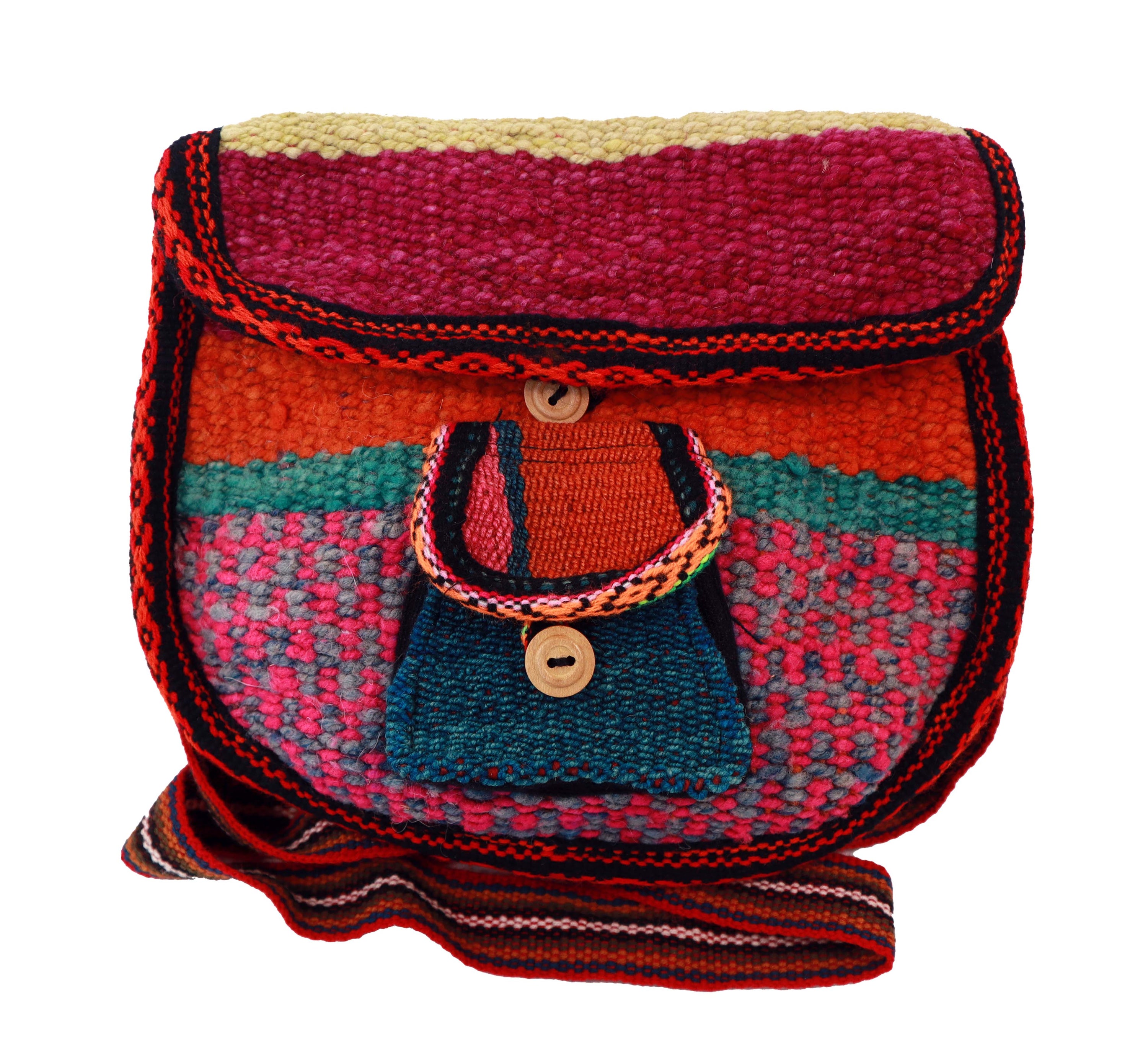 Artisan Woven Button Crossbody Bag featuring vibrant colors and intricate designs, handmade by Quechua artisans with natural dyes.