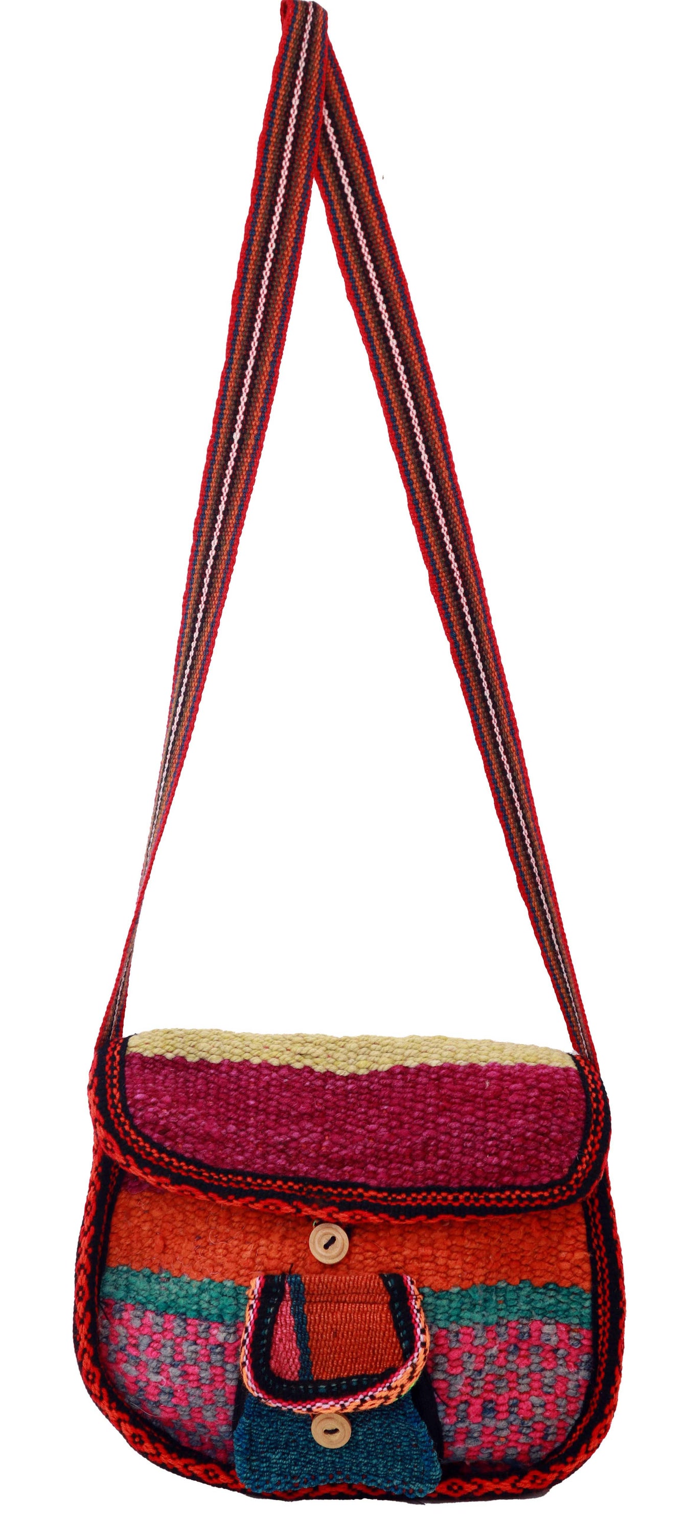 Artisan Woven Button Crossbody Bag featuring vibrant colors and intricate designs, handmade by Quechua artisans with natural dyes.