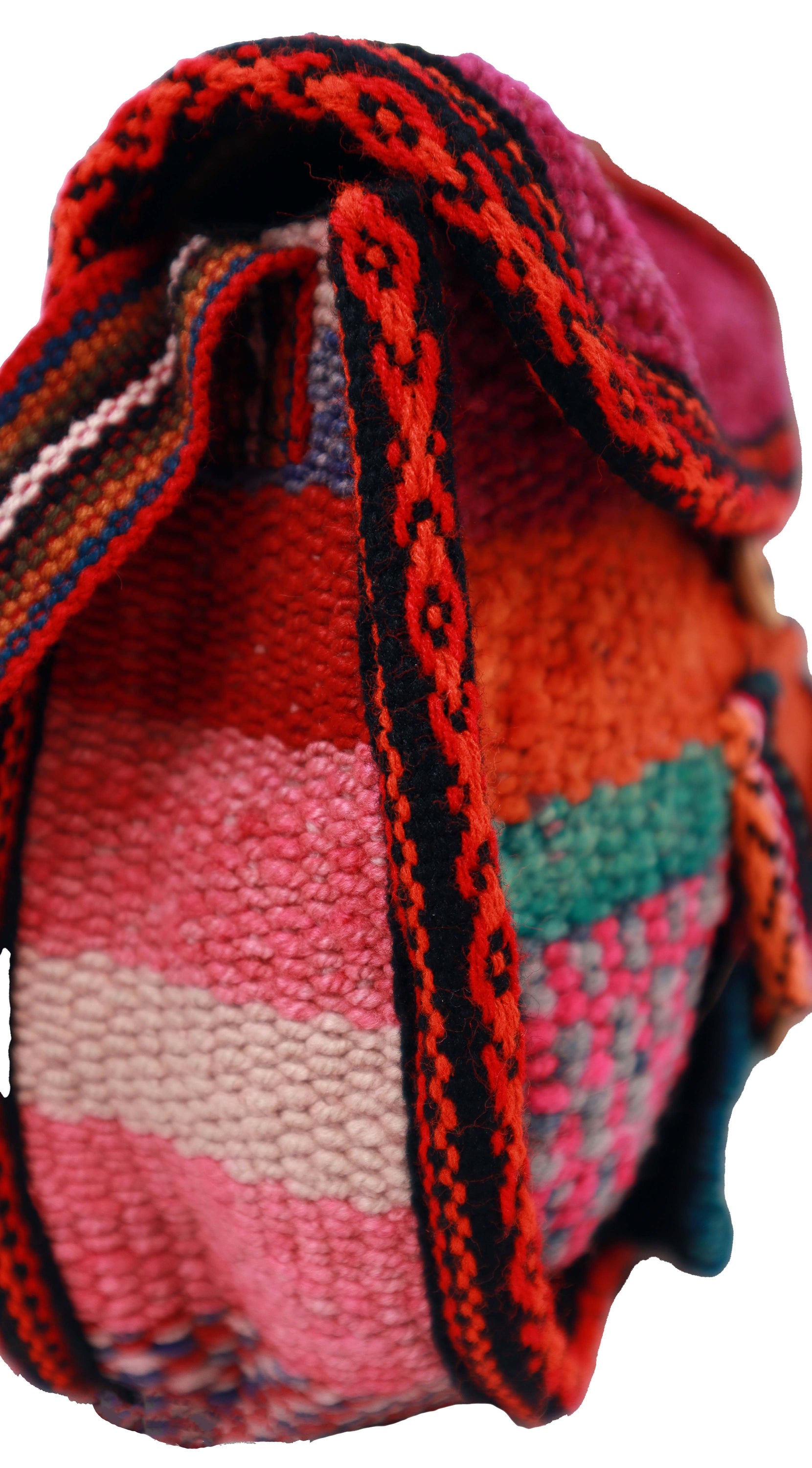 Artisan Woven Button Crossbody Bag featuring vibrant colors and intricate designs, handmade by Quechua artisans with natural dyes.