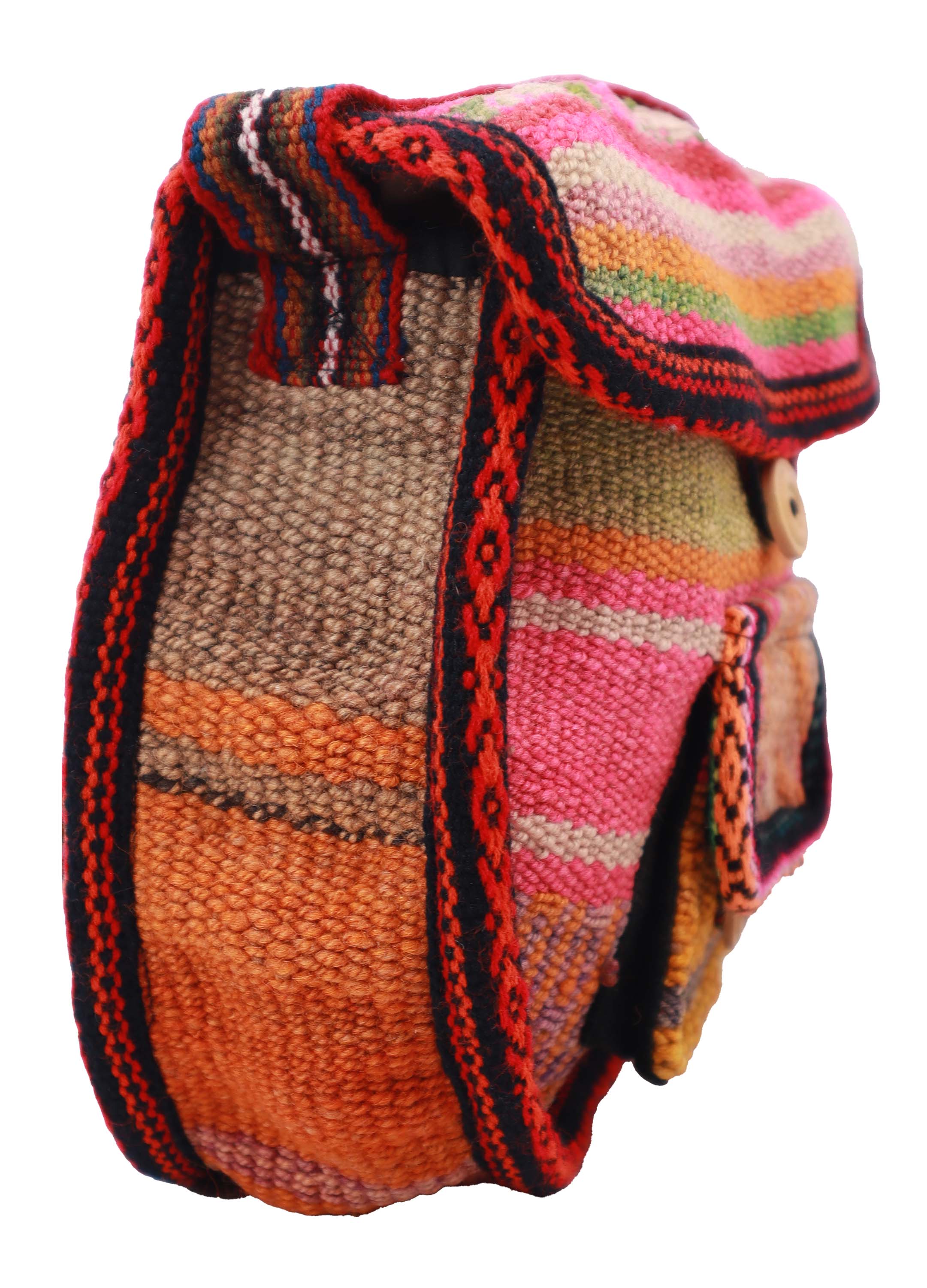 Artisan Woven Button Crossbody Bag featuring vibrant colors and intricate designs, handmade by Quechua artisans with natural dyes.