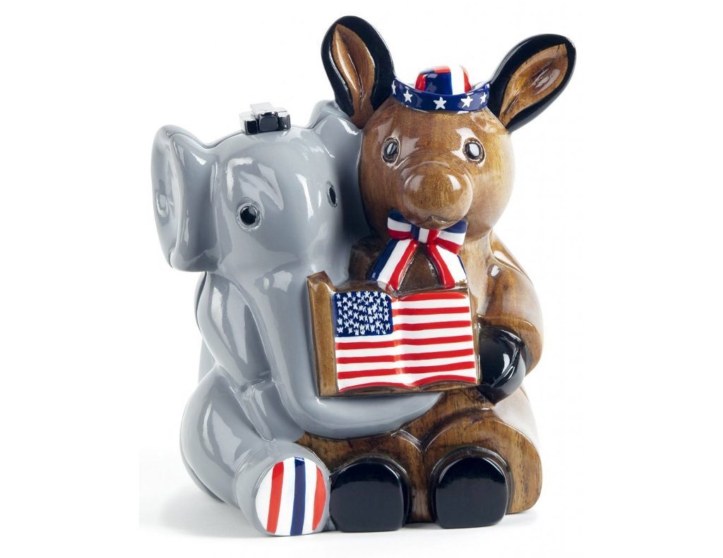 Bipartisan Handbag featuring a hand-painted Elephant and natural wood Donkey, showcasing a high-gloss lacquer finish.