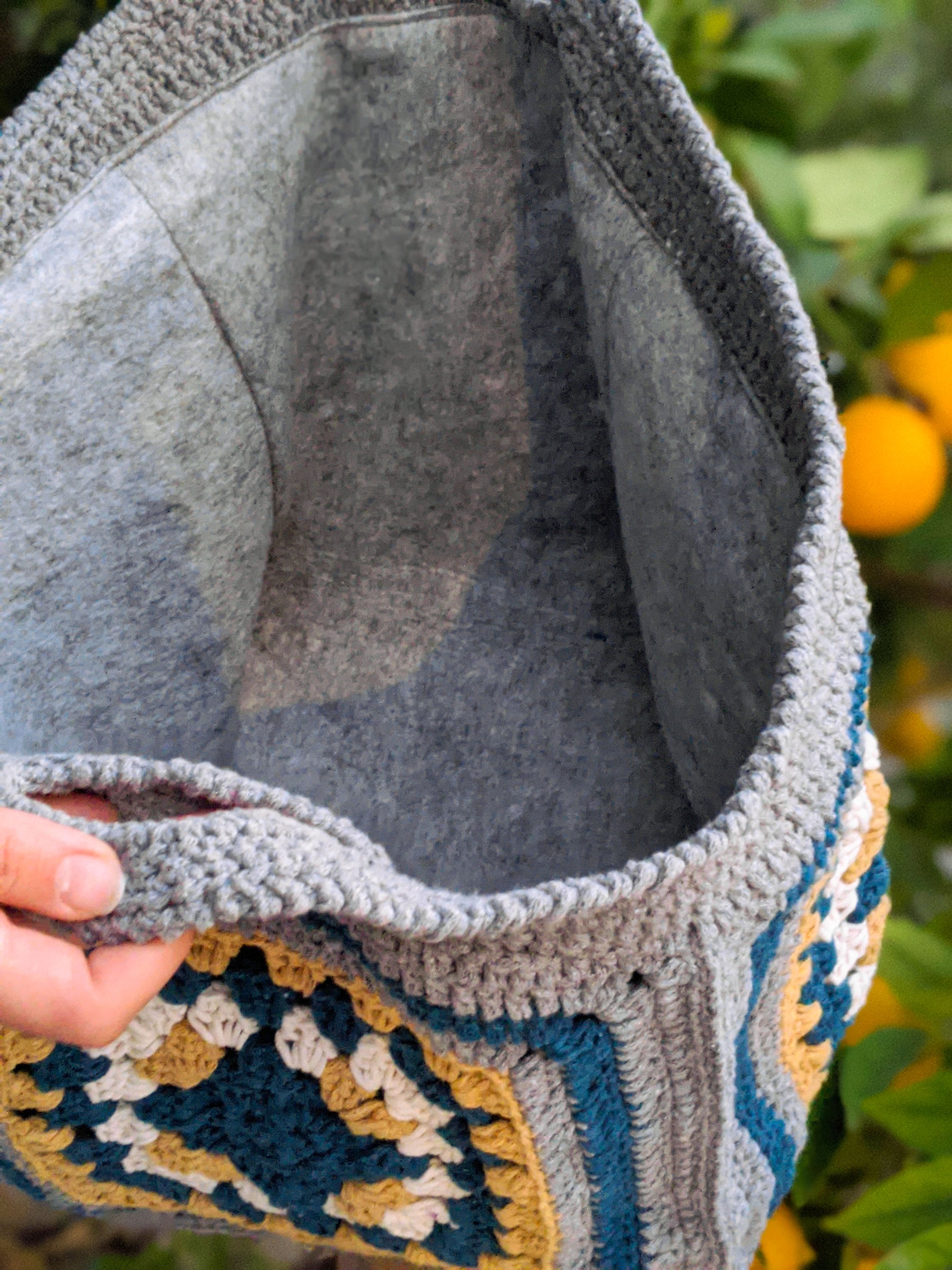 Handmade Bumblebee Jasper bag featuring grey, dark blue, mustard, and off-white colors, measuring 45 cm x 17 cm.