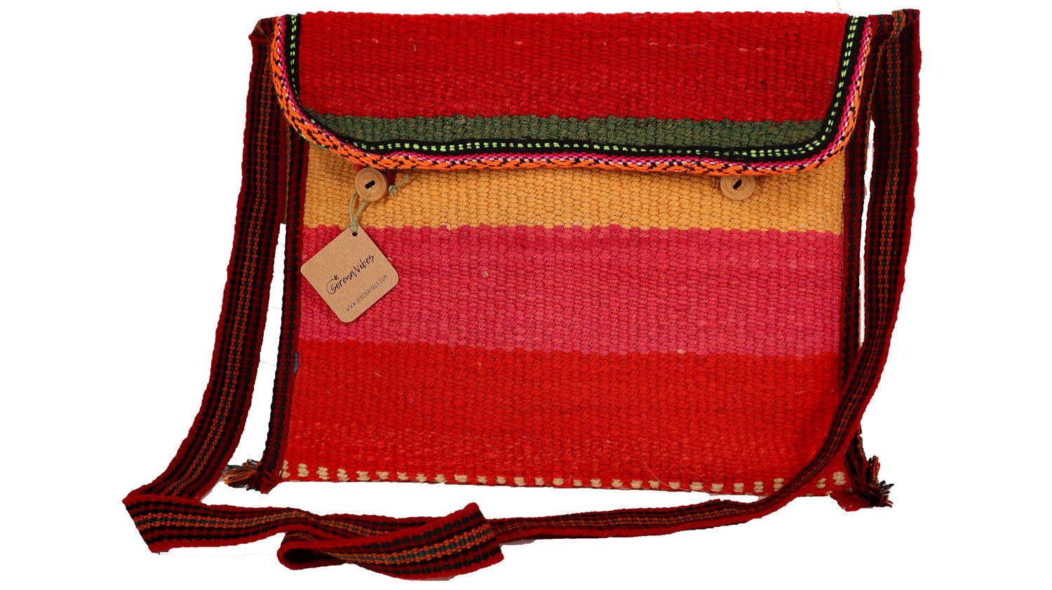 Button Cross Body Bag handcrafted by Peruvian artisans, featuring a unique design with a 24-inch alpaca blend strap, perfect for stylish and ethical fashion.