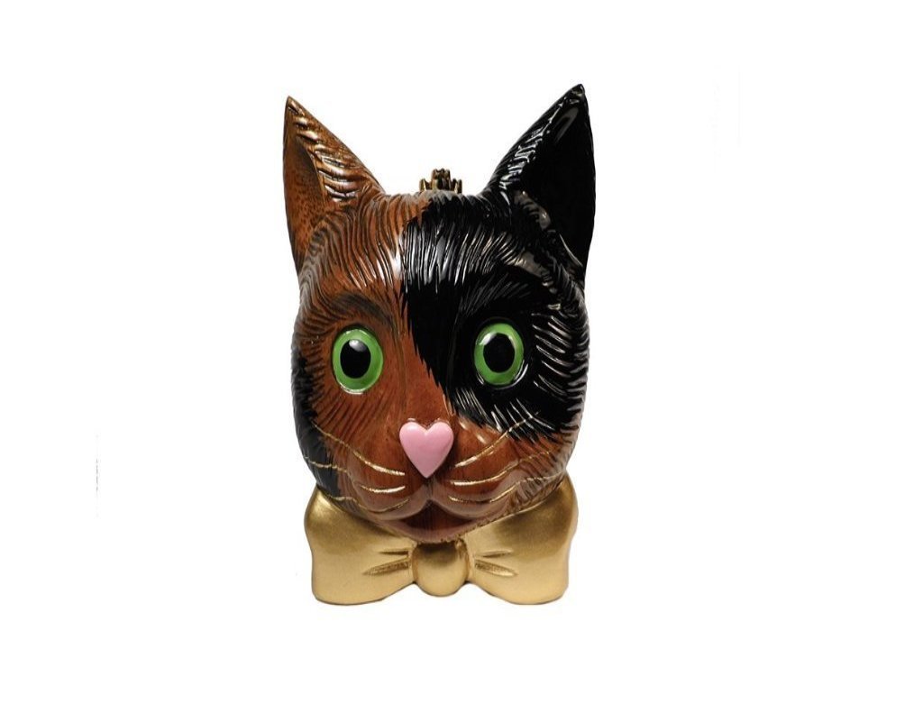 Carlos Cat handbag, hand-carved from acacia wood with vibrant green eyes and a pink heart nose, featuring a satin-lined interior and shoulder strap.