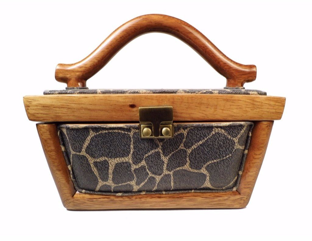 Carly handbag featuring carved Acacia wood and giraffe spot textured leather, showcasing a classic design with a high gloss finish.