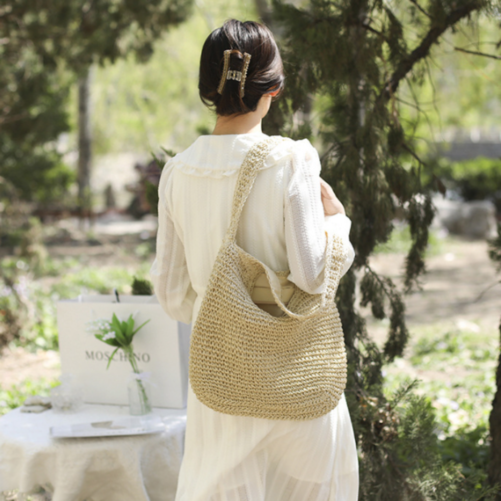 Casual Summer Shoulder Beach Bag in vibrant colors with a bohemian design, perfect for beach outings and summer activities.