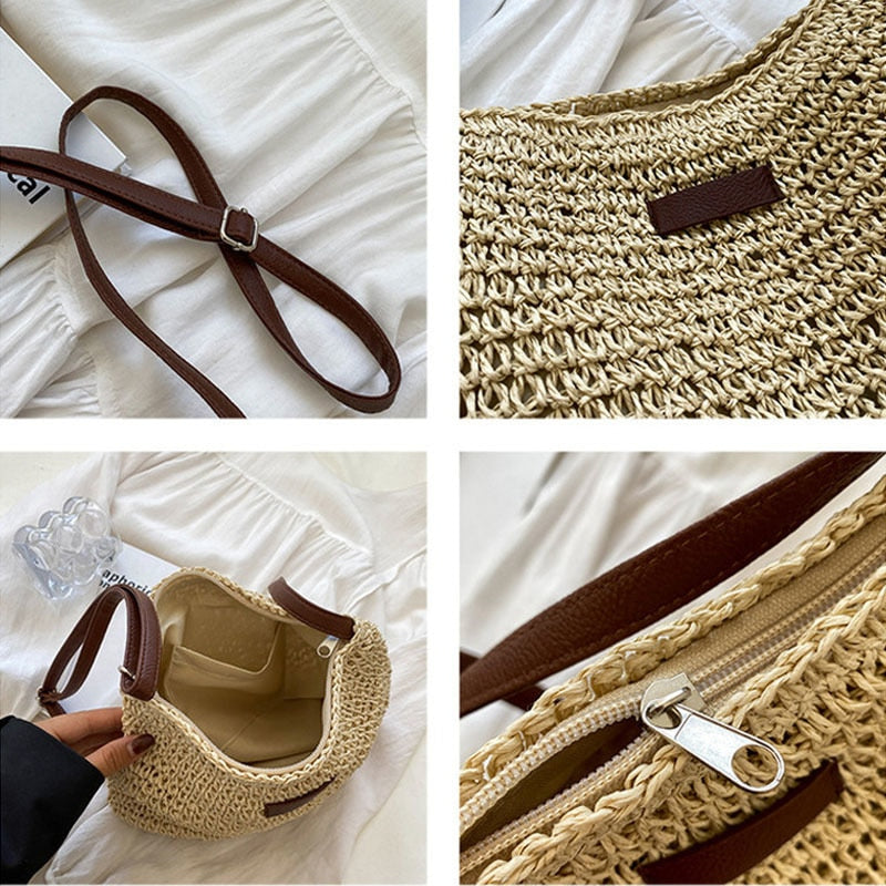 Casual Summer Shoulder Straw Bag made of woven straw with a chic shoulder strap, perfect for beach days.