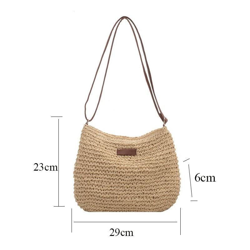 Casual Summer Shoulder Straw Bag made of woven straw with a chic shoulder strap, perfect for beach days.