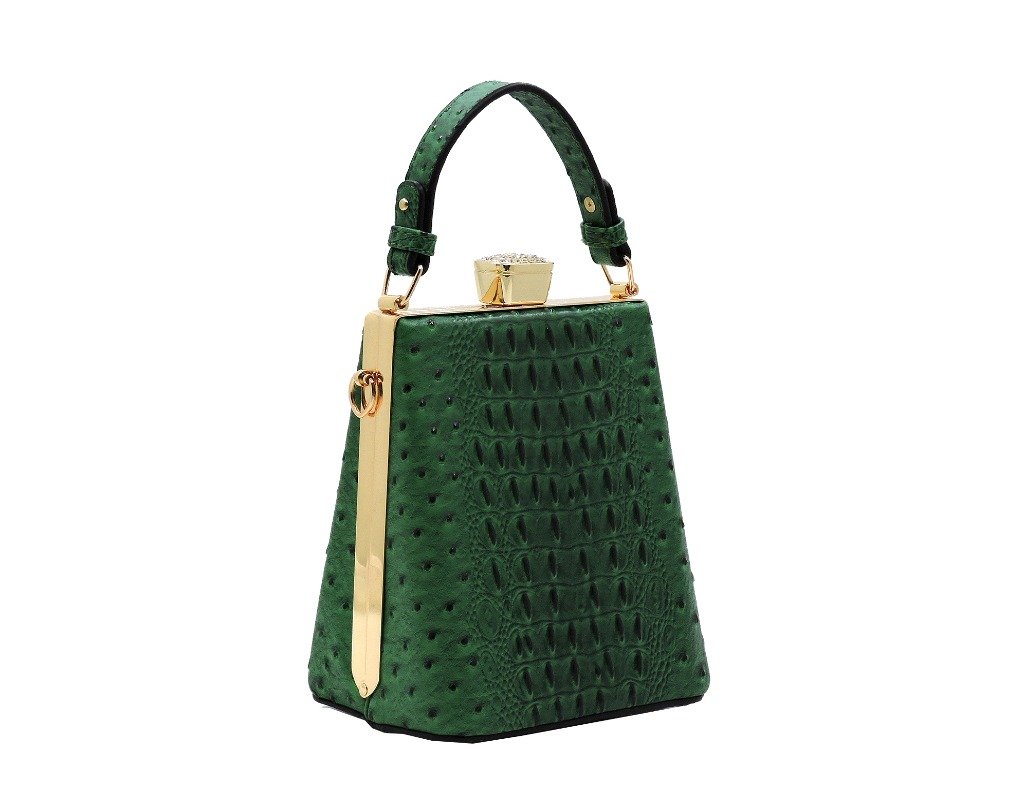 Catrina Green Handbag featuring an ostrich croc frame and gold-tone hardware, showcasing its elegant design and detachable shoulder strap.