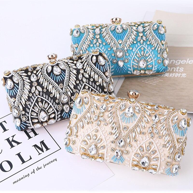 Luxury Diamond Rhinestone Clutch Handbag featuring exquisite beaded design and elegant clasp closure, available in blue, black, and champagne colors.