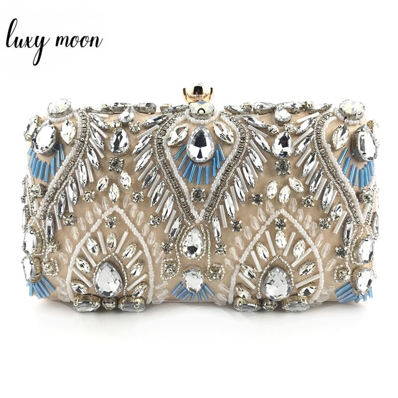 Luxury Diamond Rhinestone Clutch Handbag featuring exquisite beaded design and elegant clasp closure, available in blue, black, and champagne colors.