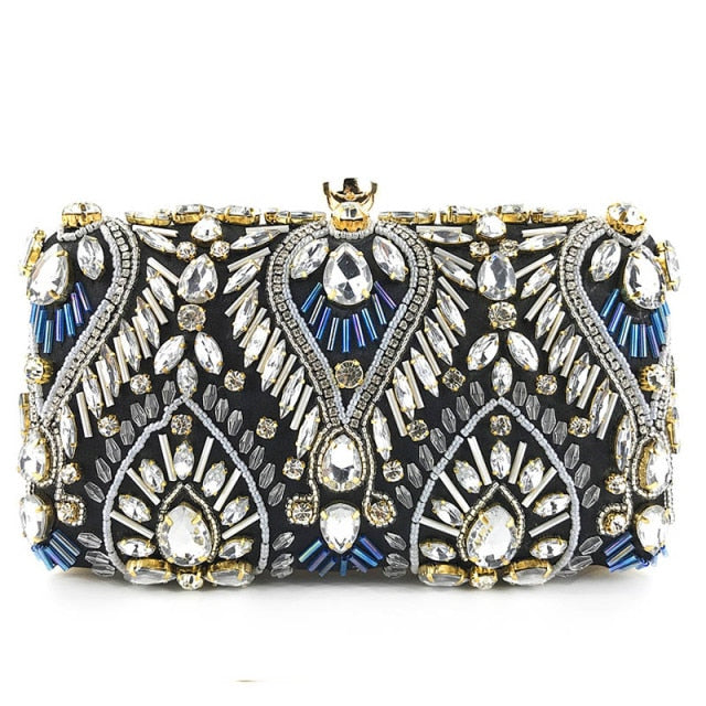 Luxury Diamond Rhinestone Clutch Handbag featuring exquisite beaded design and elegant clasp closure, available in blue, black, and champagne colors.