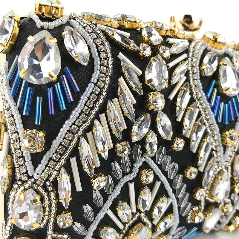 Luxury Diamond Rhinestone Clutch Handbag featuring exquisite beaded design and elegant clasp closure, available in blue, black, and champagne colors.