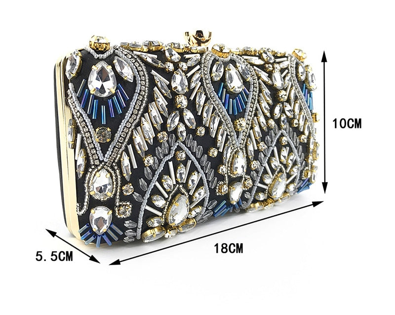 Luxury Diamond Rhinestone Clutch Handbag featuring exquisite beaded design and elegant clasp closure, available in blue, black, and champagne colors.