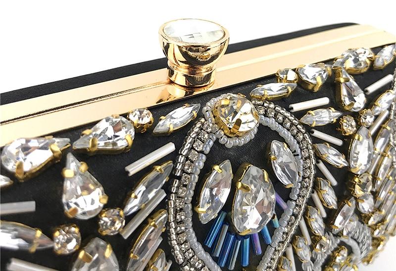 Luxury Diamond Rhinestone Clutch Handbag featuring exquisite beaded design and elegant clasp closure, available in blue, black, and champagne colors.