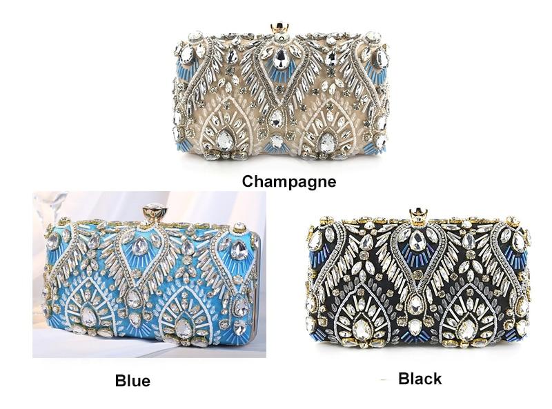 Luxury Diamond Rhinestone Clutch Handbag featuring exquisite beaded design and elegant clasp closure, available in blue, black, and champagne colors.