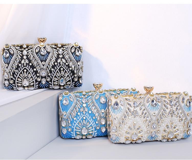 Luxury Diamond Rhinestone Clutch Handbag featuring exquisite beaded design and elegant clasp closure, available in blue, black, and champagne colors.