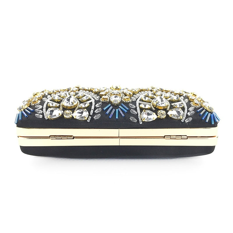 Luxury Diamond Rhinestone Clutch Handbag featuring exquisite beaded design and elegant clasp closure, available in blue, black, and champagne colors.