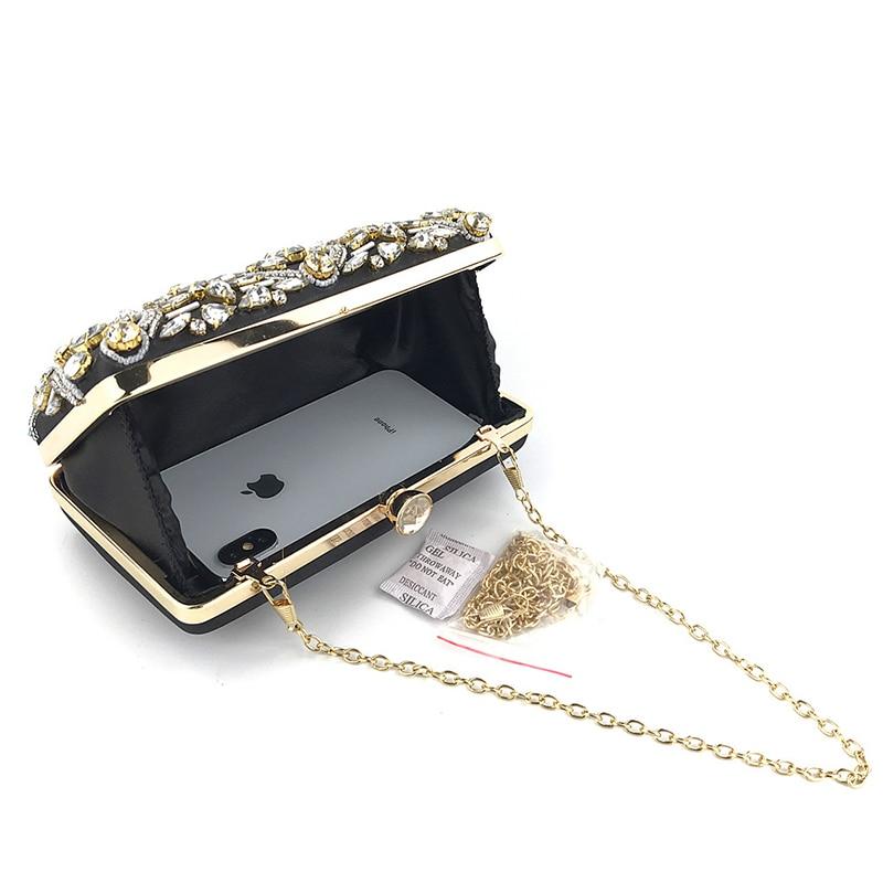 Luxury Diamond Rhinestone Clutch Handbag featuring exquisite beaded design and elegant clasp closure, available in blue, black, and champagne colors.