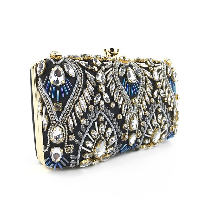 Luxury Diamond Rhinestone Clutch Handbag featuring exquisite beaded design and elegant clasp closure, available in blue, black, and champagne colors.