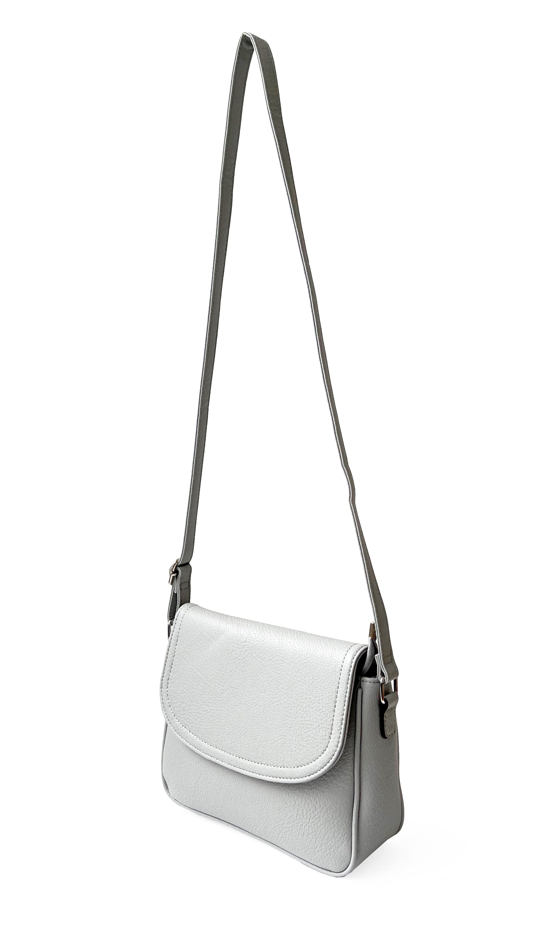 Stylish crossbody bag with rounded front flap, made from pebble PU, featuring adjustable strap and multiple pockets.