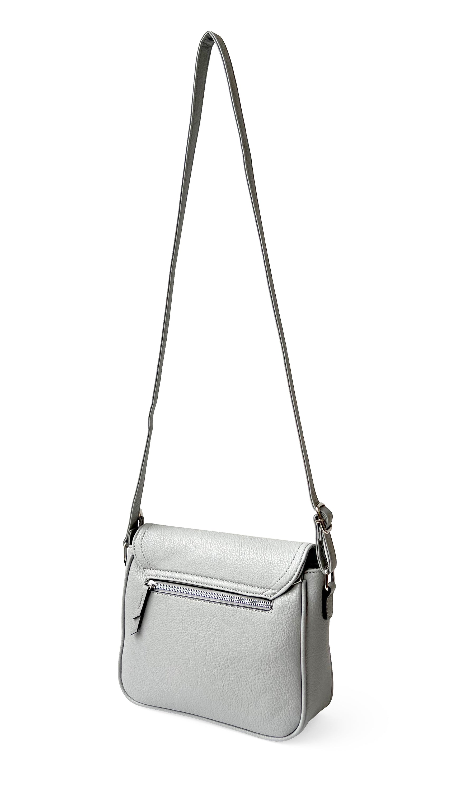 Stylish crossbody bag with rounded front flap, made from pebble PU, featuring adjustable strap and multiple pockets.