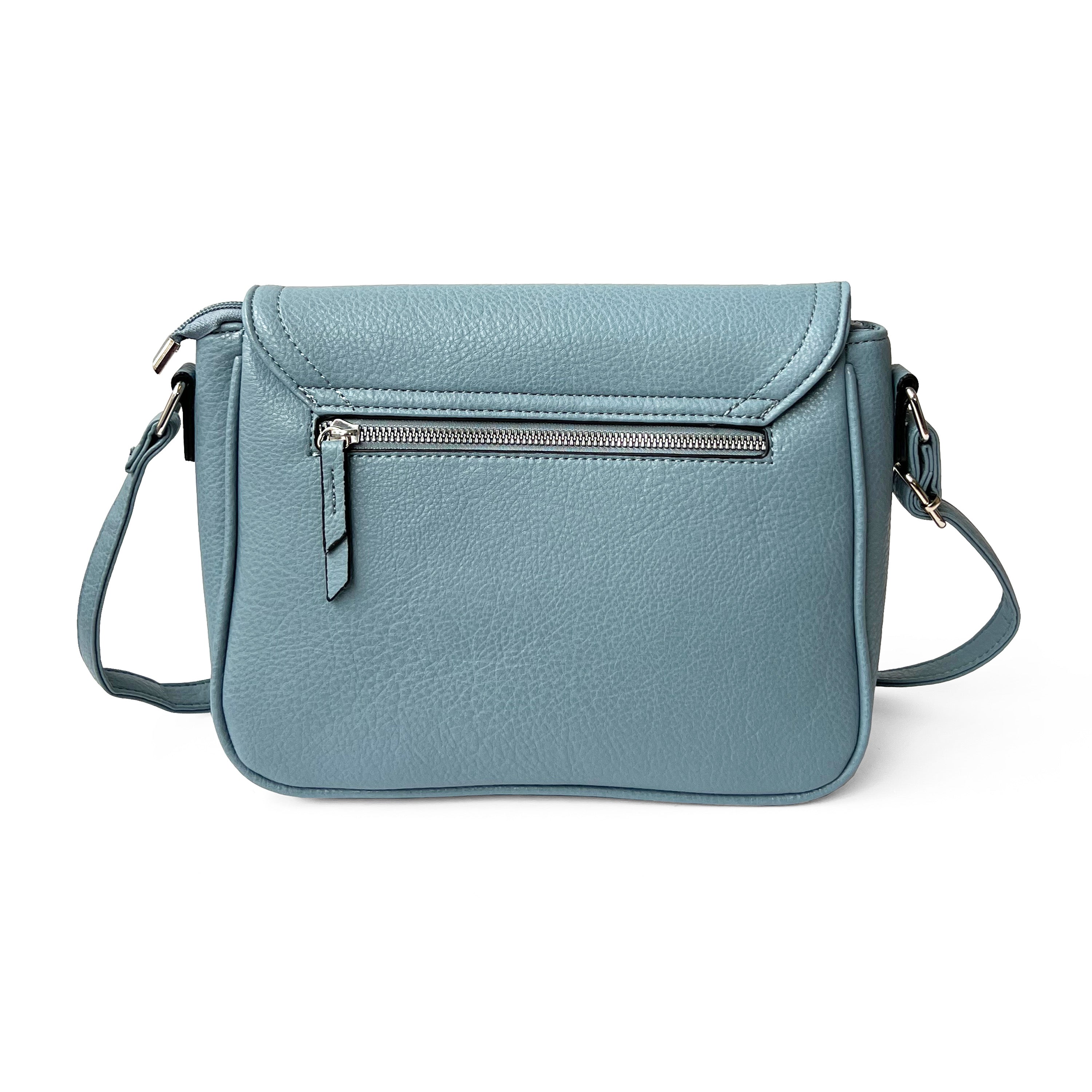 Stylish crossbody bag with rounded front flap, made from pebble PU, featuring adjustable strap and multiple pockets.