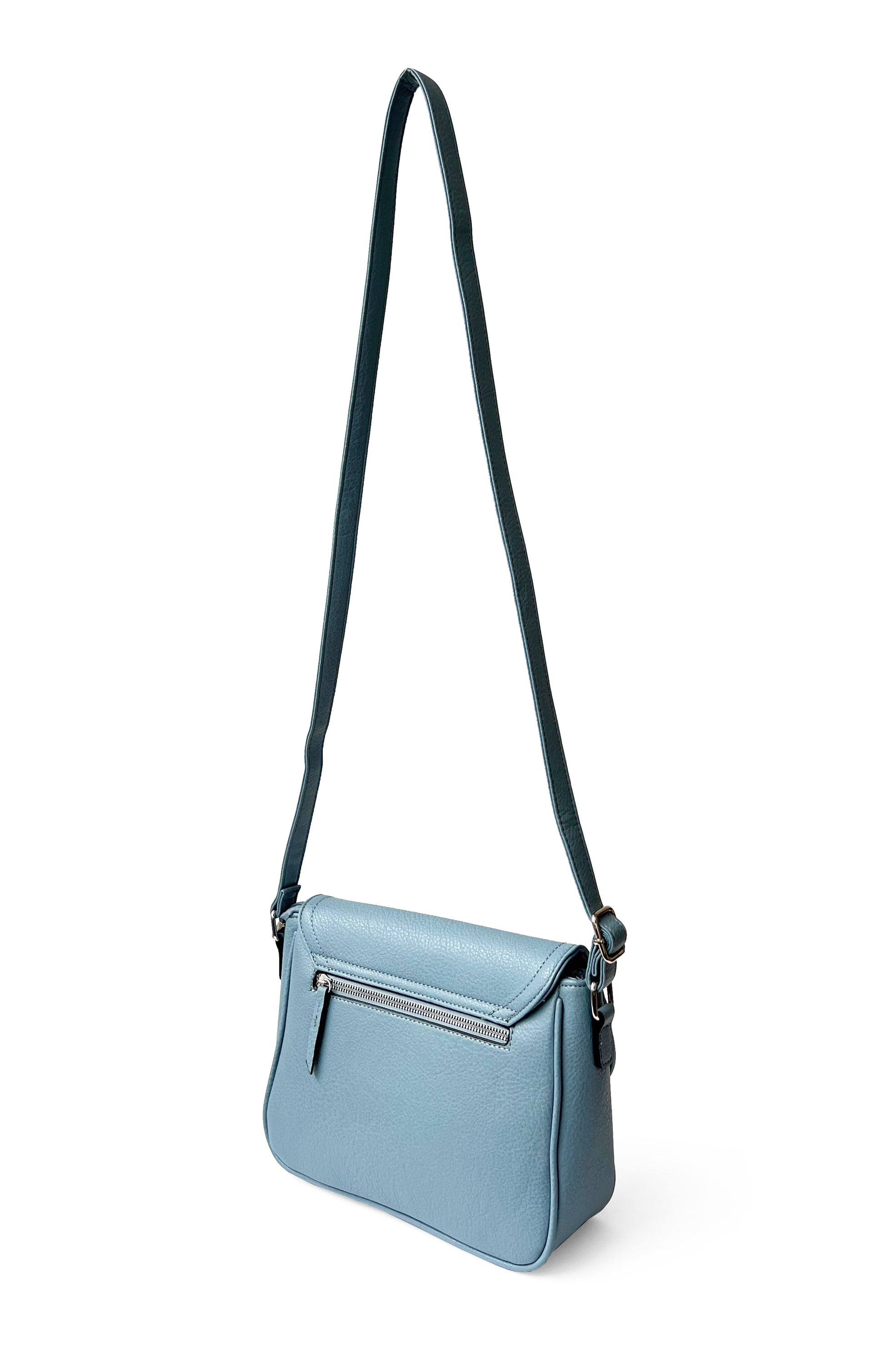 Stylish crossbody bag with rounded front flap, made from pebble PU, featuring adjustable strap and multiple pockets.