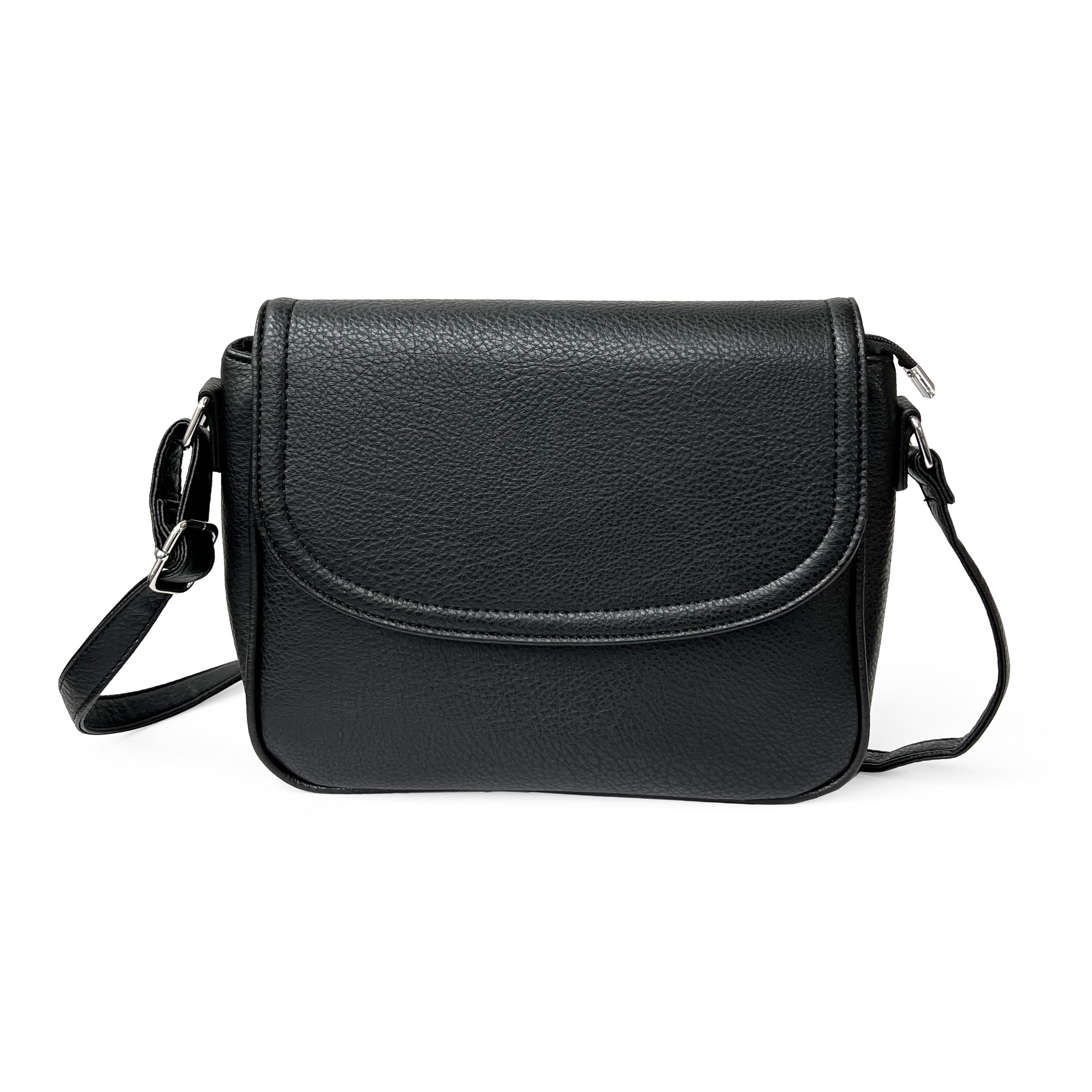 Stylish crossbody bag with rounded front flap, made from pebble PU, featuring adjustable strap and multiple pockets.