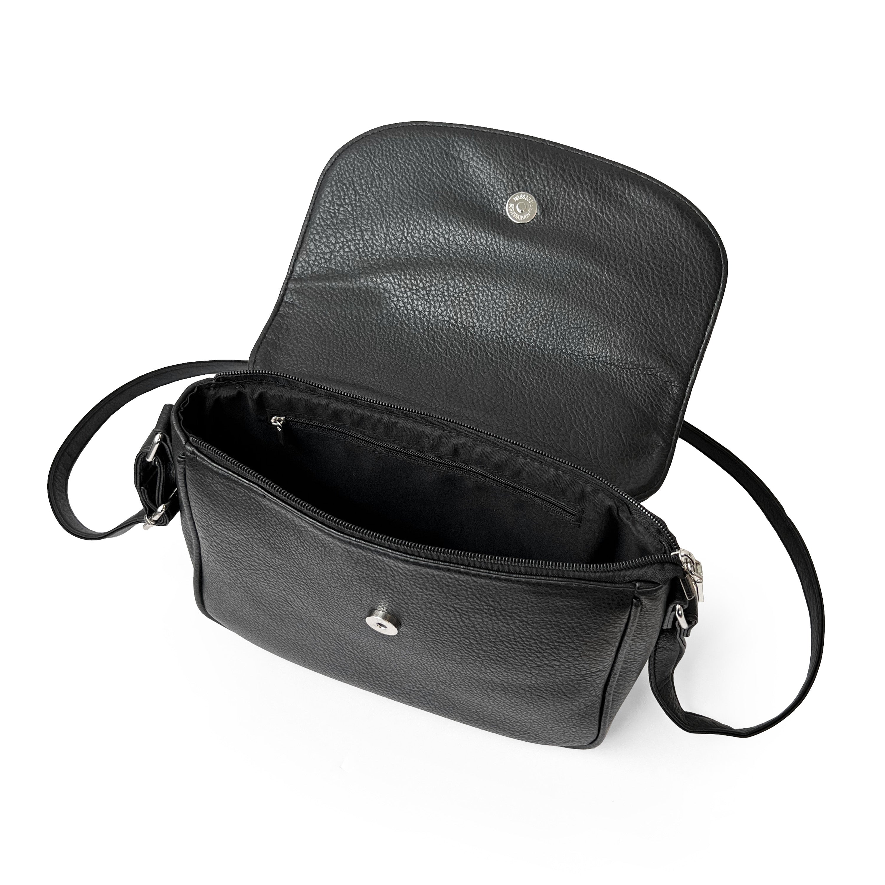 Stylish crossbody bag with rounded front flap, made from pebble PU, featuring adjustable strap and multiple pockets.