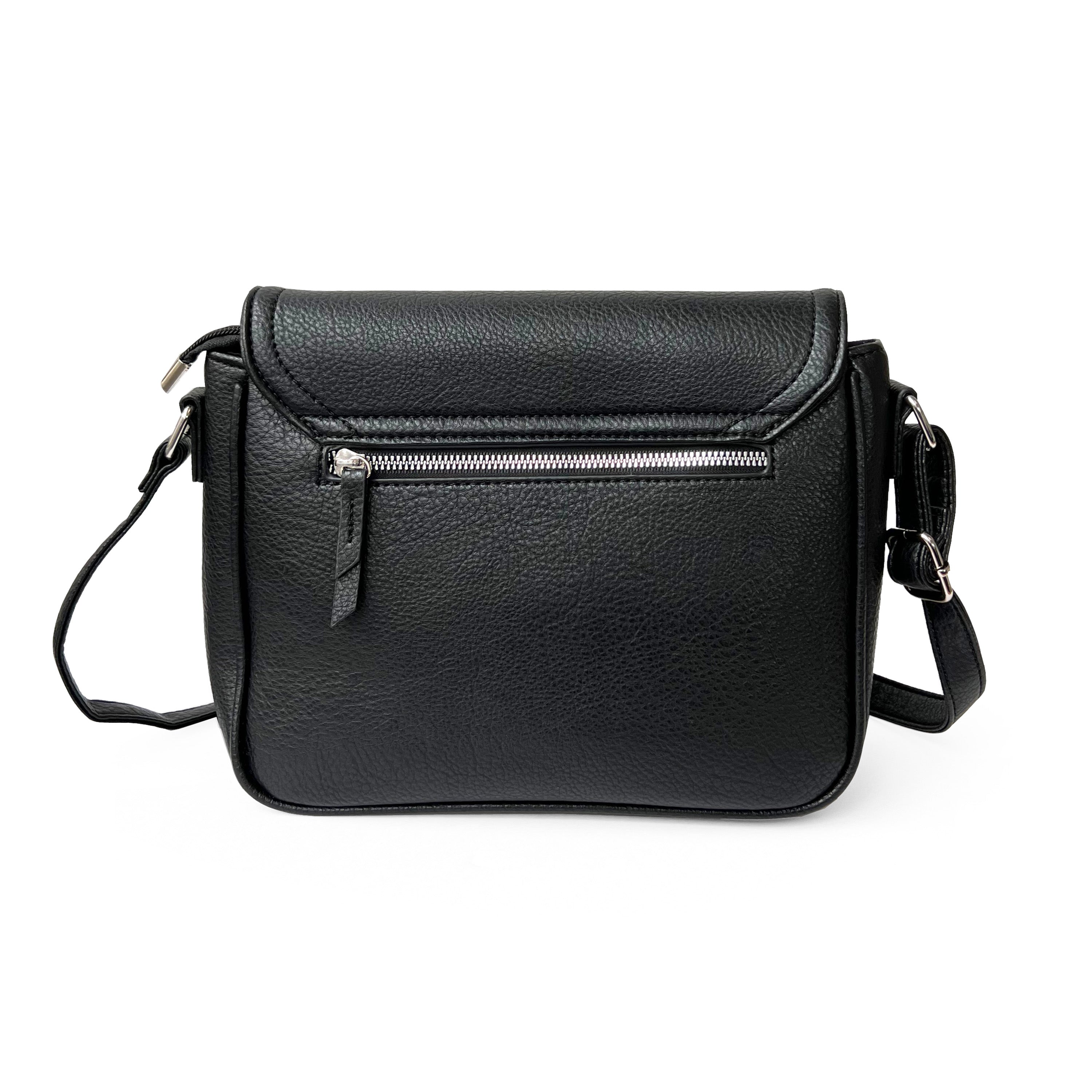 Stylish crossbody bag with rounded front flap, made from pebble PU, featuring adjustable strap and multiple pockets.