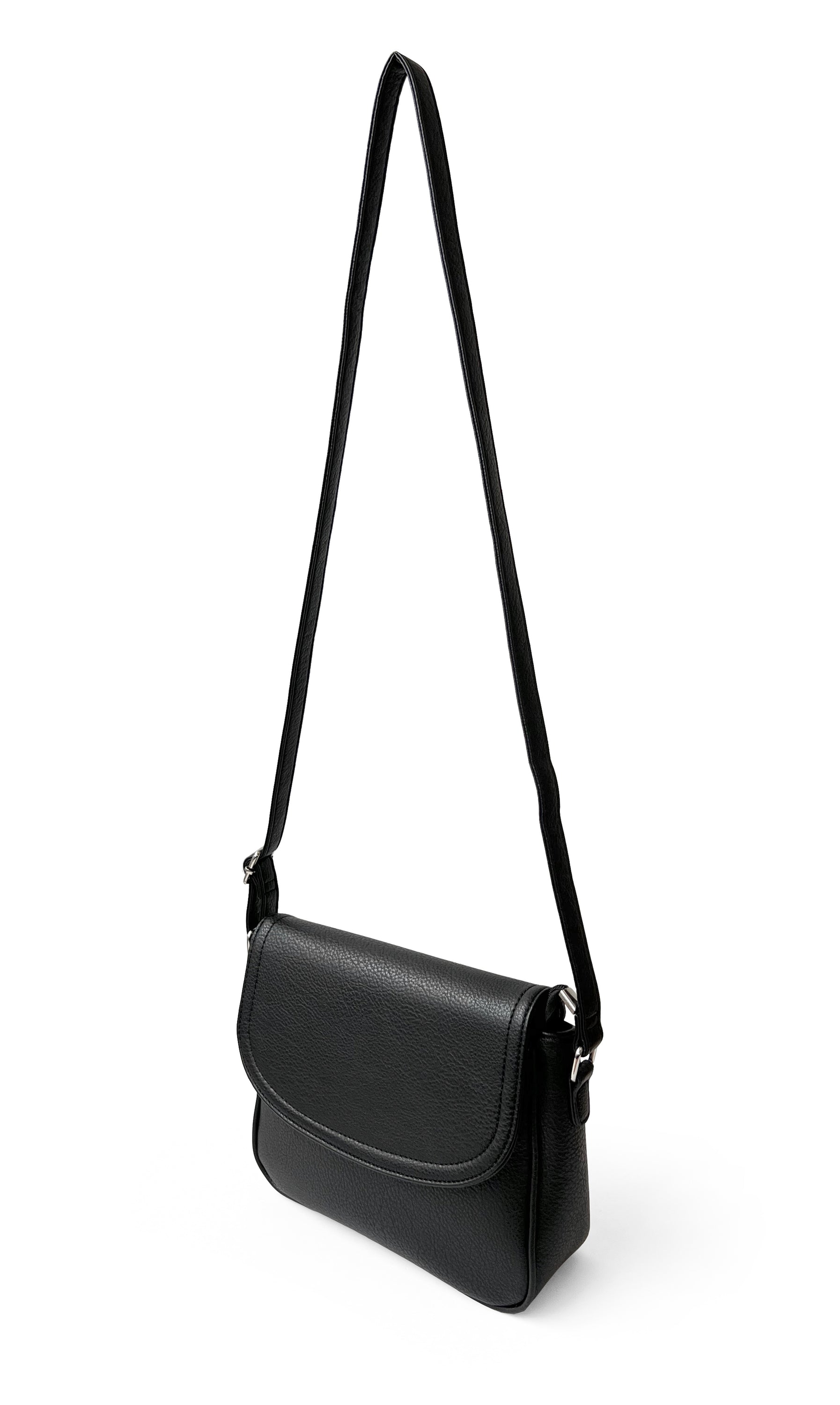 Stylish crossbody bag with rounded front flap, made from pebble PU, featuring adjustable strap and multiple pockets.