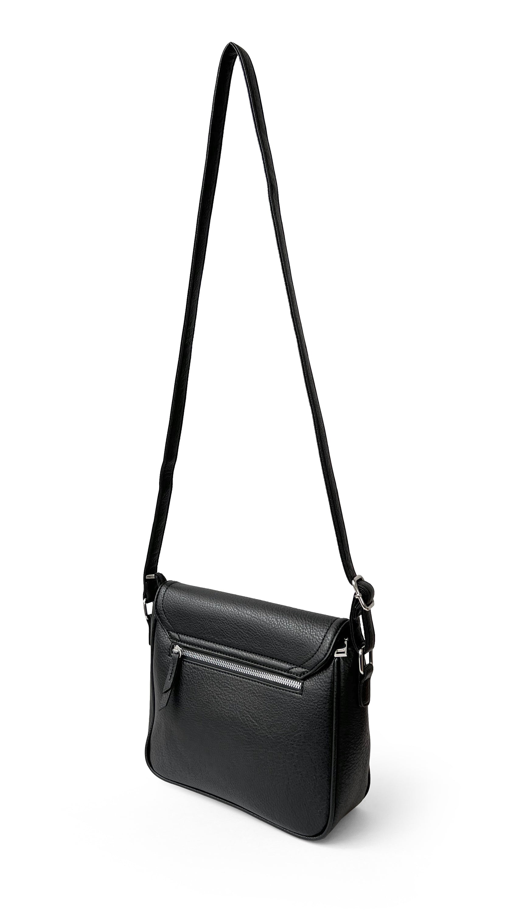 Stylish crossbody bag with rounded front flap, made from pebble PU, featuring adjustable strap and multiple pockets.