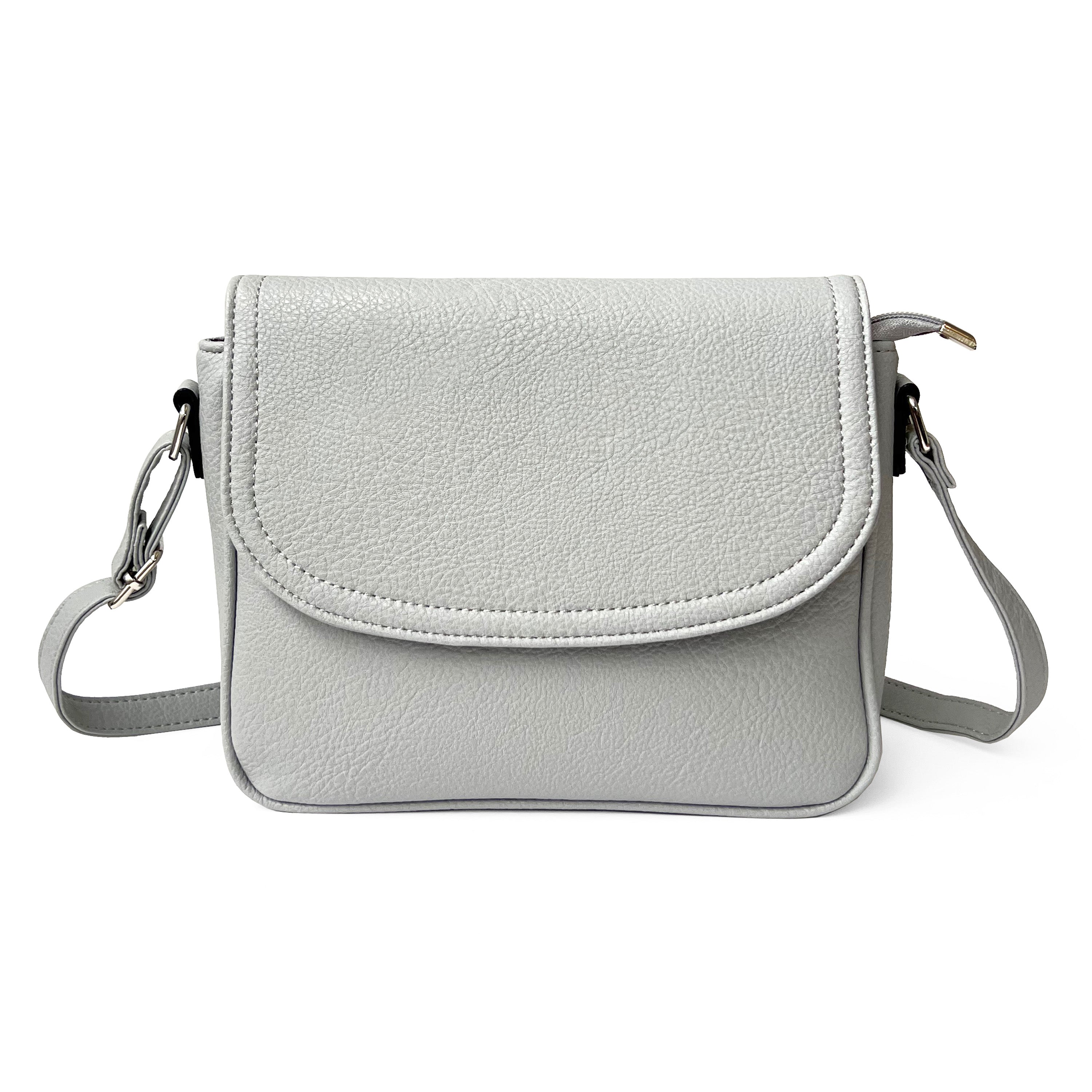 Stylish crossbody bag with rounded front flap, made from pebble PU, featuring adjustable strap and multiple pockets.