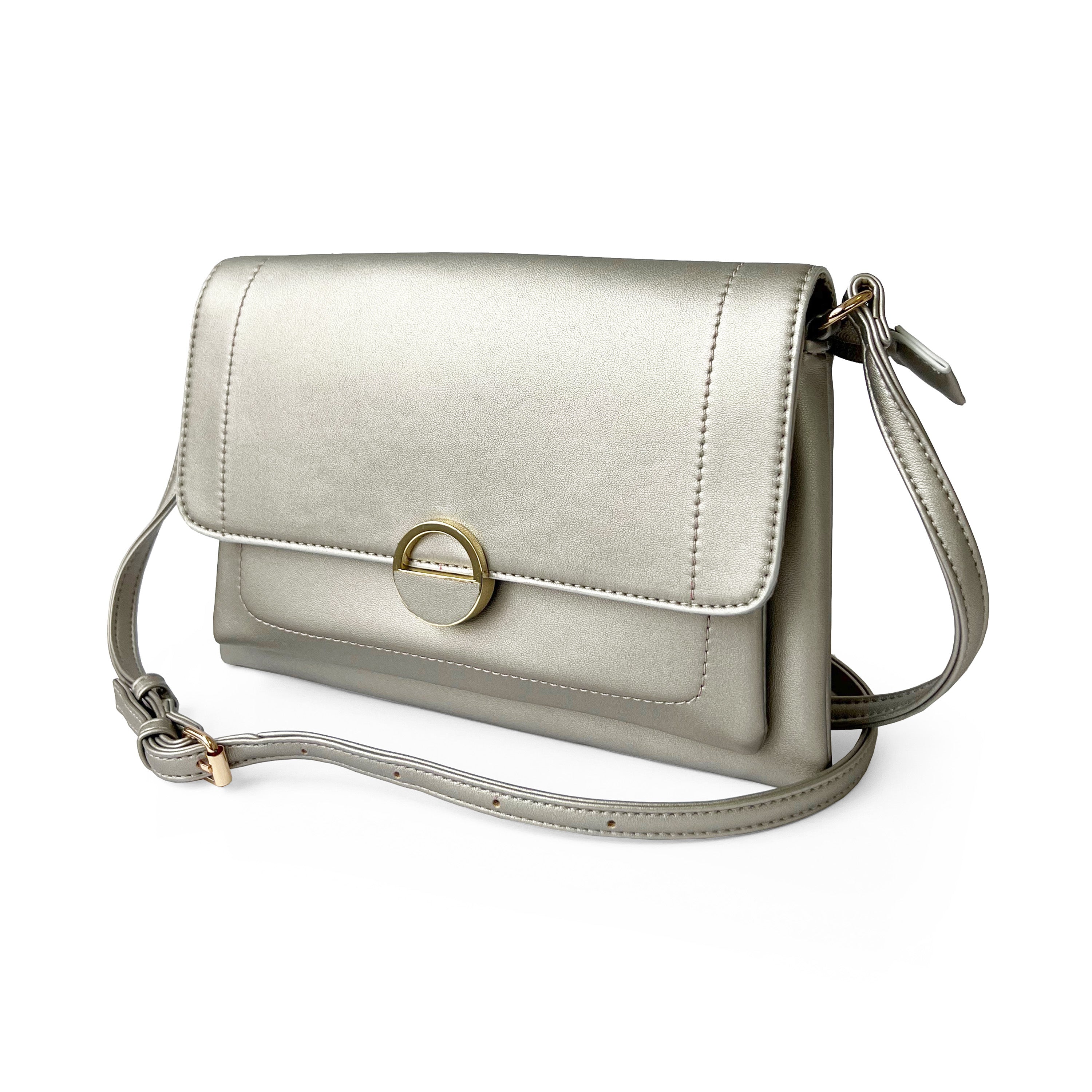 Stylish crossbody bag with a round ornament design, perfect for everyday use.