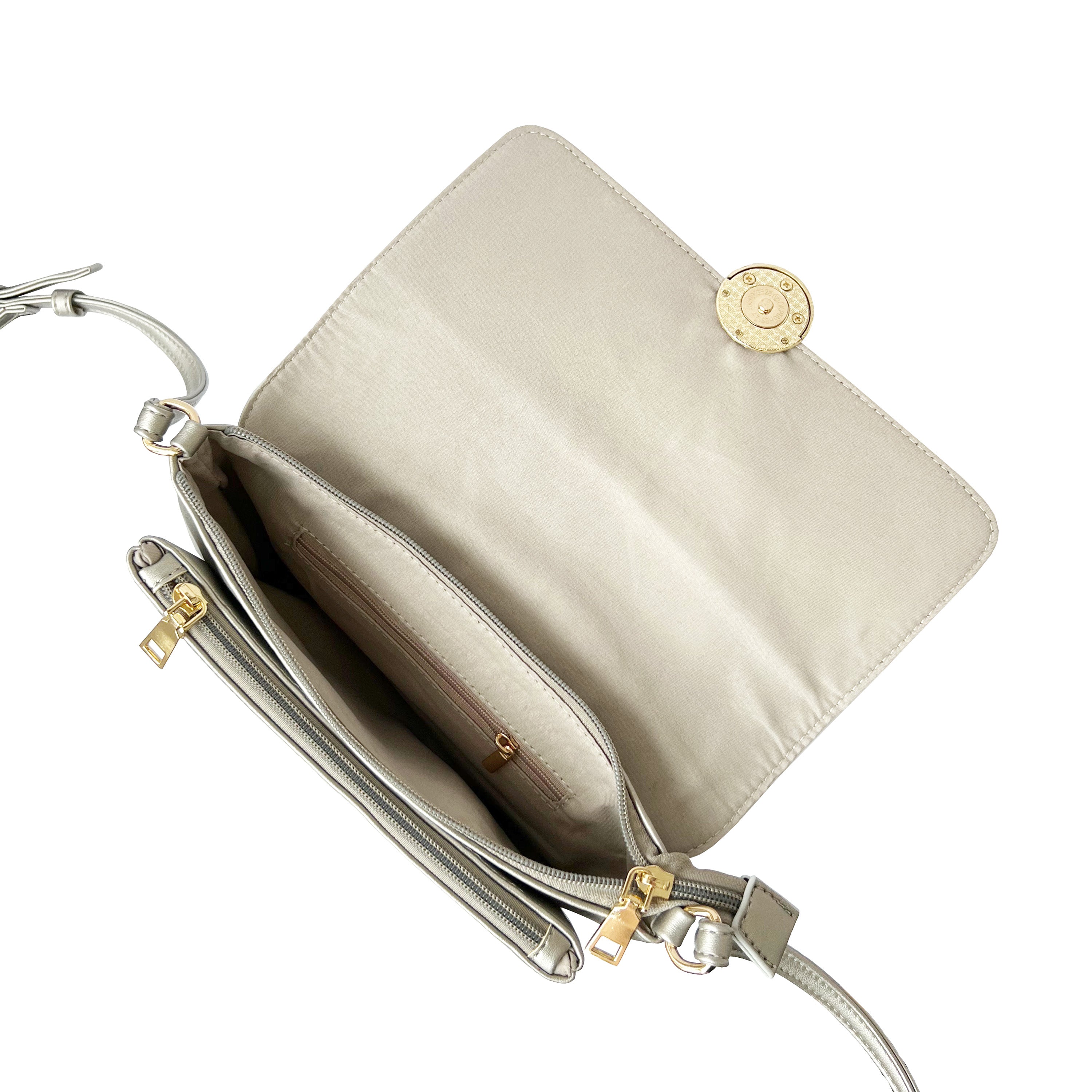 Stylish crossbody bag with a round ornament design, perfect for everyday use.