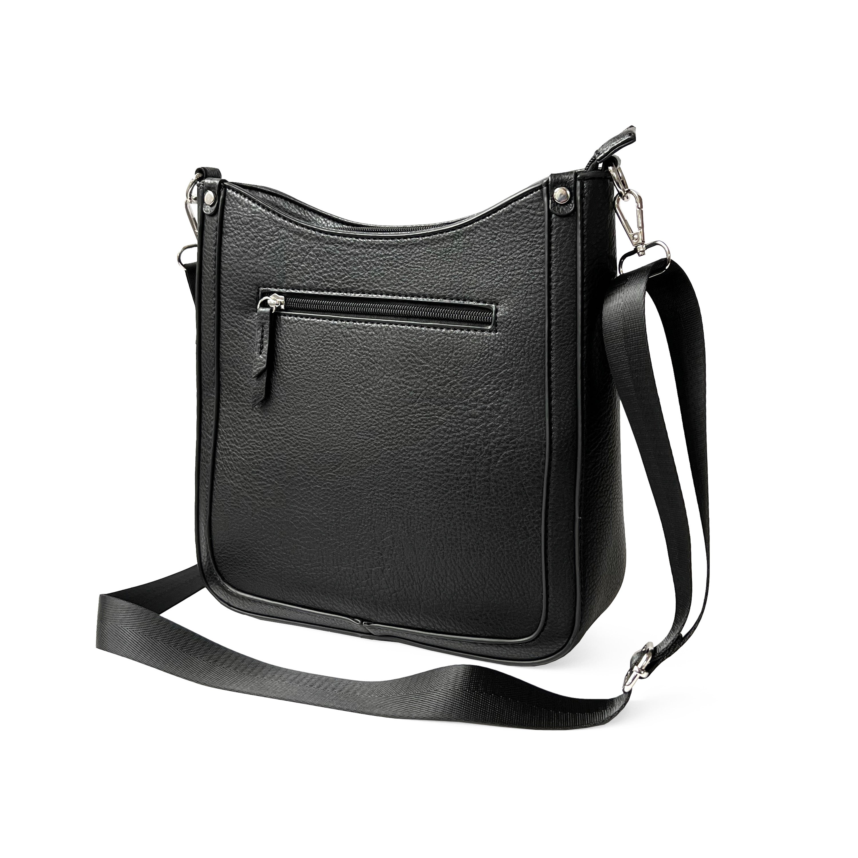 Stylish Crossbody bag with web strap made from pebble PU, featuring multiple pockets and silvertone hardware.